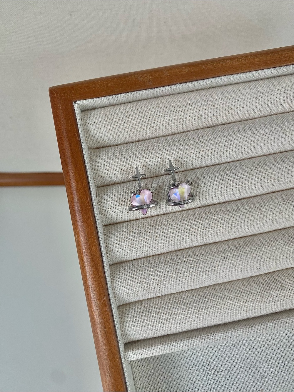 4/$15 Silver Pink Iridescent Heart Drop Earrings